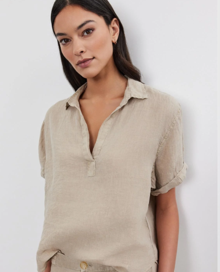 Elerie Woven Linen Split Neck Shirt