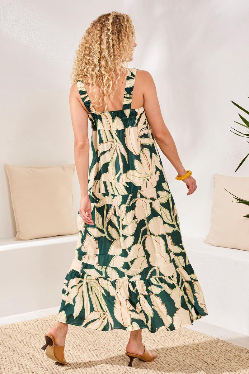 bra friendly maxi dress Square Neck Tiered Maxi Dress With Smocking Detail Rainforest / XS