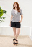 Cotton Stripe Short Sleeve Lace Up Top
