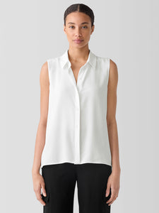 Silk Georgette Crepe Classic Collar Sleeveless Shirt