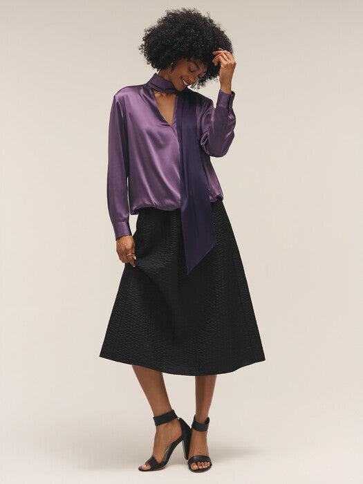 Stretch Silk Charmeuse High Collar Overlap Top