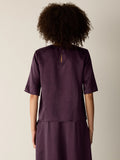 Textured Satin Round Neck Elbow-Sleeve Top