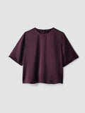 Textured Satin Round Neck Elbow-Sleeve Top