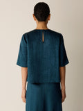 Textured Satin Round Neck Elbow-Sleeve Top