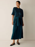 Textured Satin Round Neck Elbow-Sleeve Top