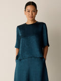 Textured Satin Round Neck Elbow-Sleeve Top