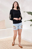 Soutache Embroidered Boat Neck 3/4 Puff Sleeve Top