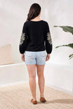 Soutache Embroidered Boat Neck 3/4 Puff Sleeve Top