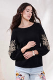 Soutache Embroidered Boat Neck 3/4 Puff Sleeve Top
