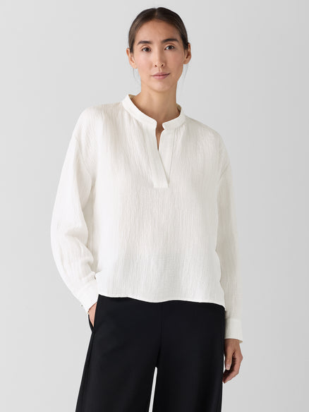 Silk Linen Box Mandarin Collar Top