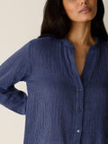 Striped Organic Cotton Gauze Band Collar Shirt