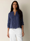 Striped Organic Cotton Gauze Band Collar Shirt