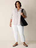 Puckered Organic Linen Stripe Band Collar Shirt