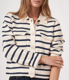Cotton Knit Striped Cardigan With Polo Neck