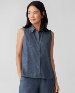 Airy Organic Cotton Twill Classic Collar Sleeveless Shirt