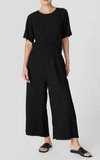 Woven Plisse Round Neck Wide Leg Jumpsuit w/ Short Sleeves