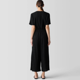 Woven Plisse Round Neck Wide Leg Jumpsuit w/ Short Sleeves