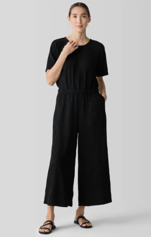 Woven Plisse Round Neck Wide Leg Jumpsuit w/ Short Sleeves