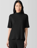 Textured Rib Knit Mock Neck Elbow Sleeve Top