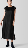 Striated Silk Satin Bateau Neck Full Length Dress w/ Lace Trim