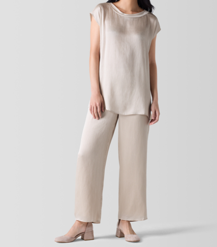 Striated Silk Satin Straight Ankle Pant