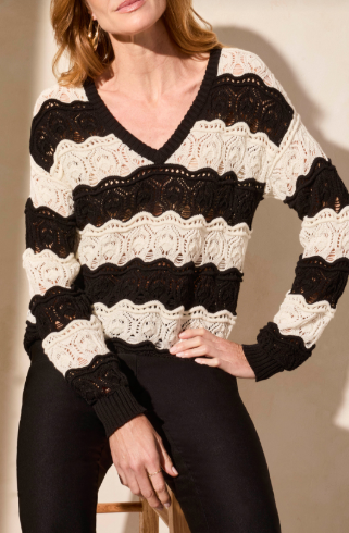 Long Sleeve V-Neck Crochet Swirl Stripe Sweater