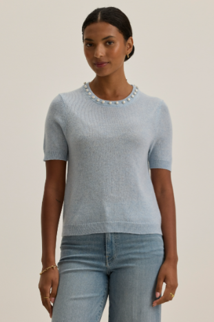 Cashmere Short Sleeve Pearl Neck Crew