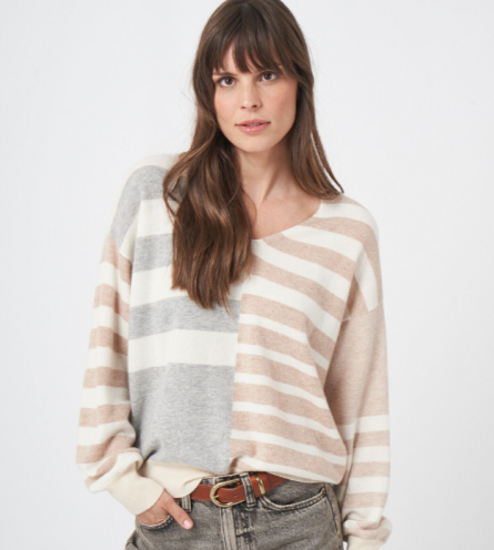 Multi-color striped sweater with V-neck