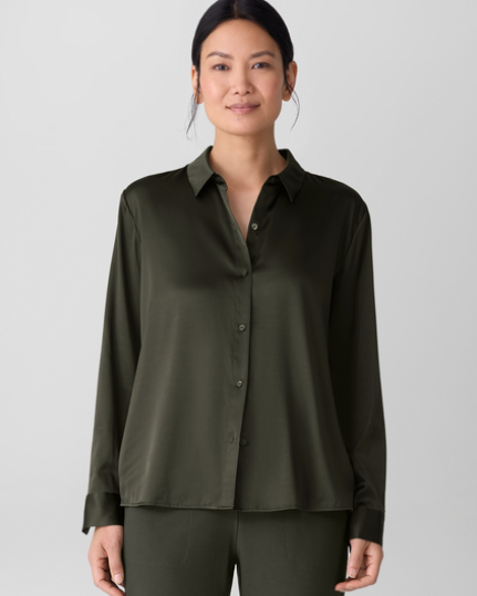 Stretch Silk Charmeuse Classic Collar Easy Shirt