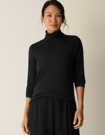 Sheer Cotton Blend Knit Turtleneck Top