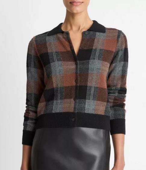 Checked Plaid Cashmere Polo Cardigan