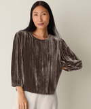 Crushed Velvet Round Neck Bubble Sleeve Top