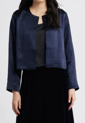 Textured Satin Round Neck Cropped Jacket