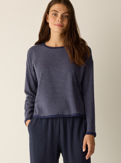 Striped Cozy Brushed Terry Round Neck Cropped Box Top