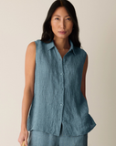 Puckered Organic Linen Grid Sleeveless Shirt