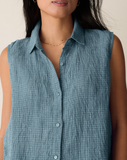 Puckered Organic Linen Grid Sleeveless Shirt