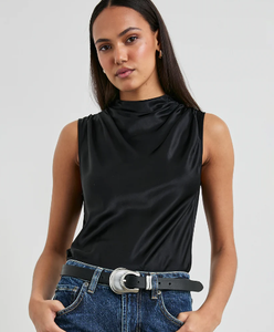 Kaleen Sleeveless Satin Mock Neck