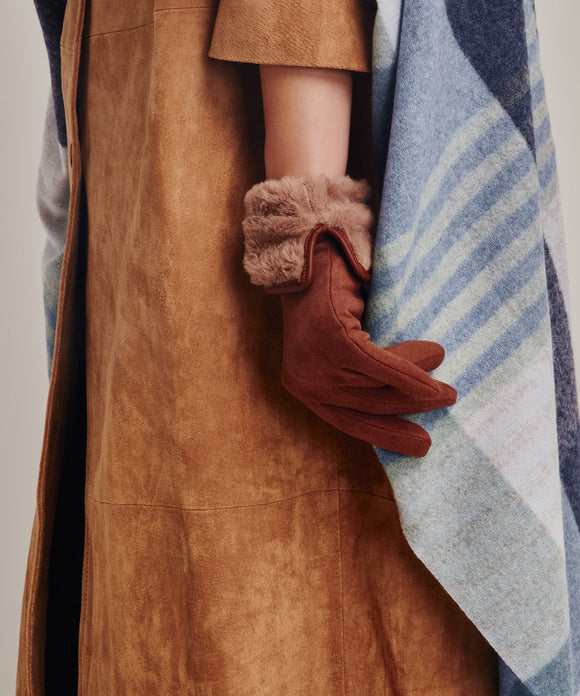 Stretch Suede Fold-up Faux Fur Cuff Gloves