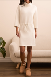 3/4 Sleeve Funnel Neck Dress W/Drawcord