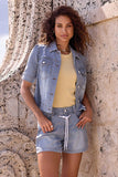 Audrey Wide Leg Striped Denim Shorts With Drawcord