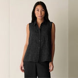 Puckered Organic Linen Grid Sleeveless Shirt