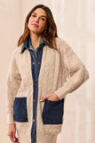 Chunky Cable Knit Coatigan Button-Front Denim Patch Pockets