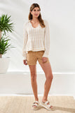 Crinkled U‑Neck Long Sleeve Smocked Blouse