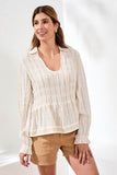 Crinkled U‑Neck Long Sleeve Smocked Blouse