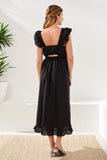 Embroidered Cotton Maxi Dress With Frills & Cutout