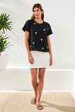 Embroidered Daisy Short Sleeve Crew Neck Top