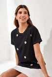 Embroidered Daisy Short Sleeve Crew Neck Top