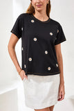 Embroidered Daisy Short Sleeve Crew Neck Top
