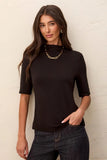 Funnel Neck Elbow Sleeve Soft Knit Top