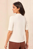 Funnel Neck Elbow Sleeve Soft Knit Top